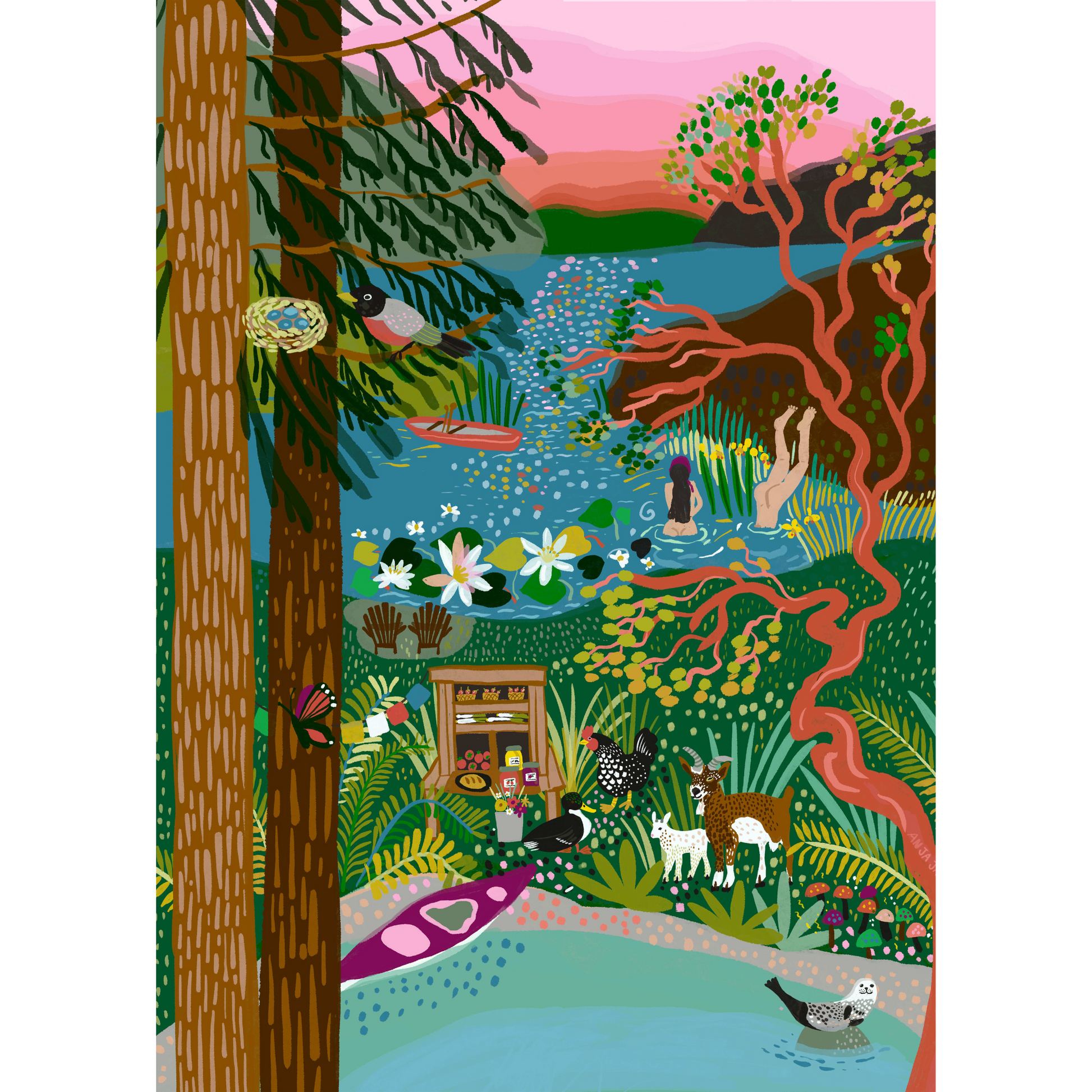 Full-size image of Villager Puzzle | 1000-piece Salt Spring Island Swim perfect-fit puzzle designed by Anja Jane of Bowen Island BC Canada