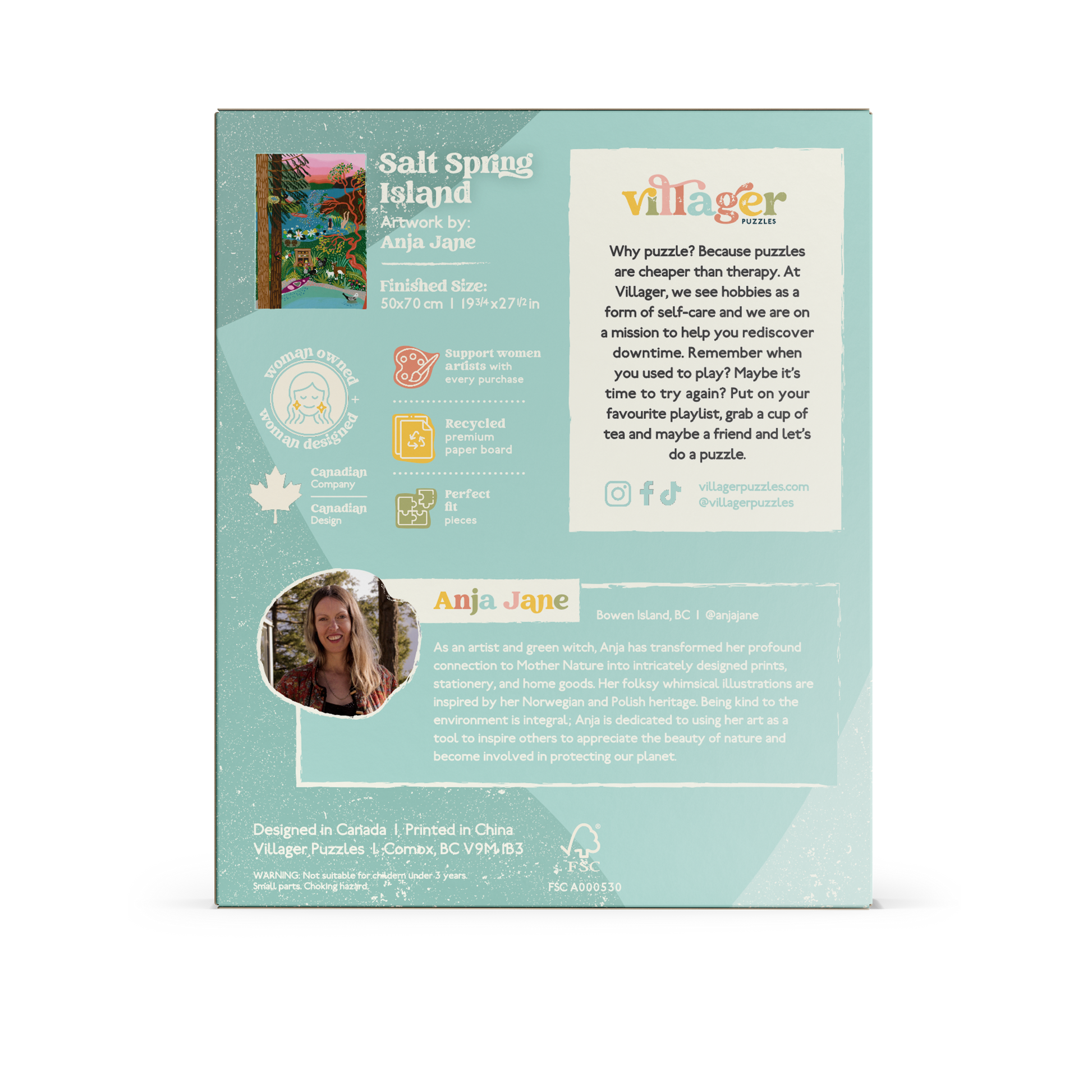 Back box image of Villager Puzzles | 1000-piece Salt Spring Island Swim jigsaw puzzle designed by Anja Jane