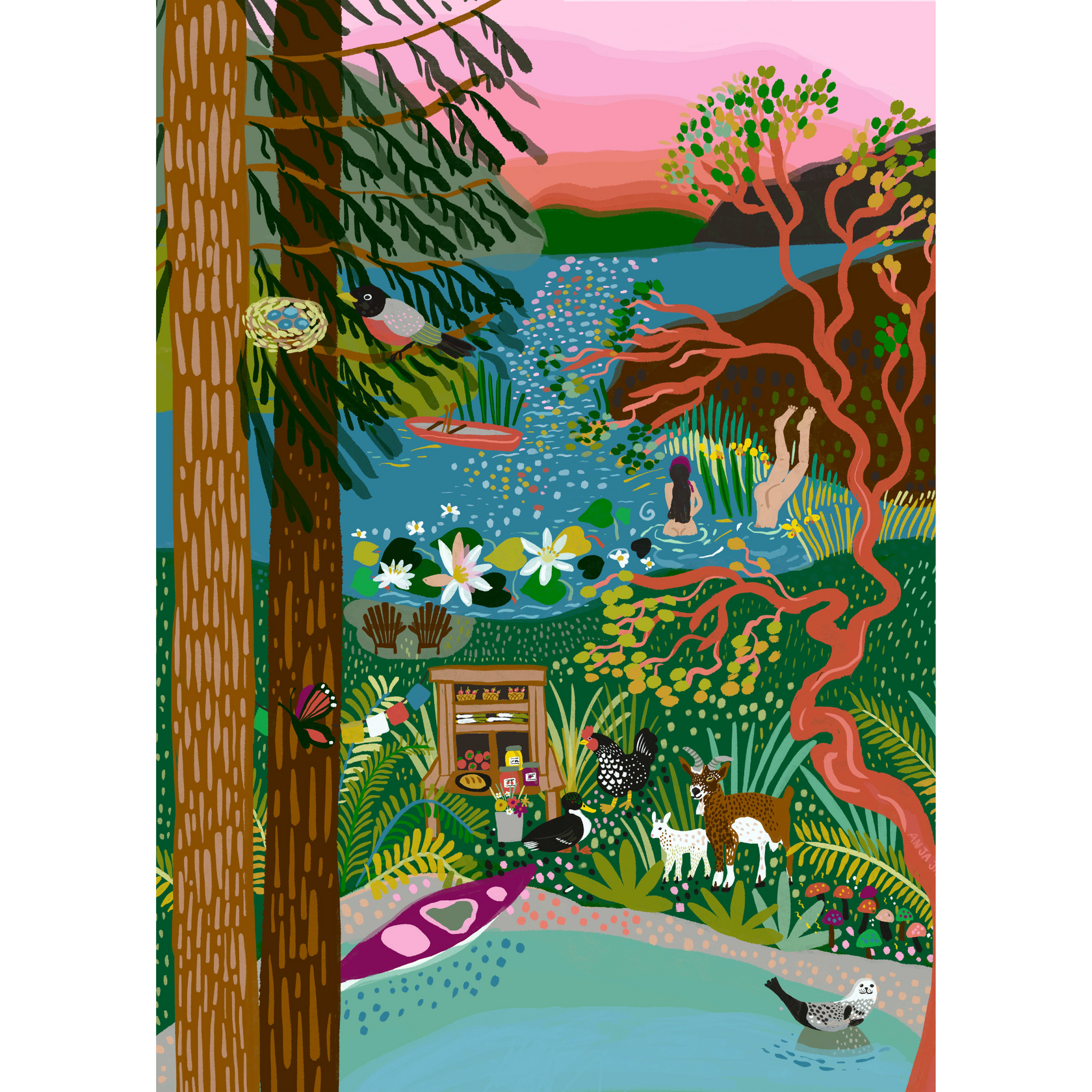 Puzzle of a lake with various creatures and trees