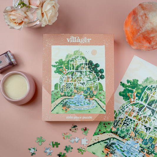 Lifestyle image of Villager Puzzle | 1000-piece Greenhouse Garden jigsaw puzzle  designed by Sabina Fenn of Toronto ON Canada