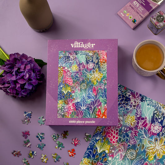 Lifestyle image of Villager Puzzle | Vibrant Floral designed by Aruba Mahmud of London ON Canada
