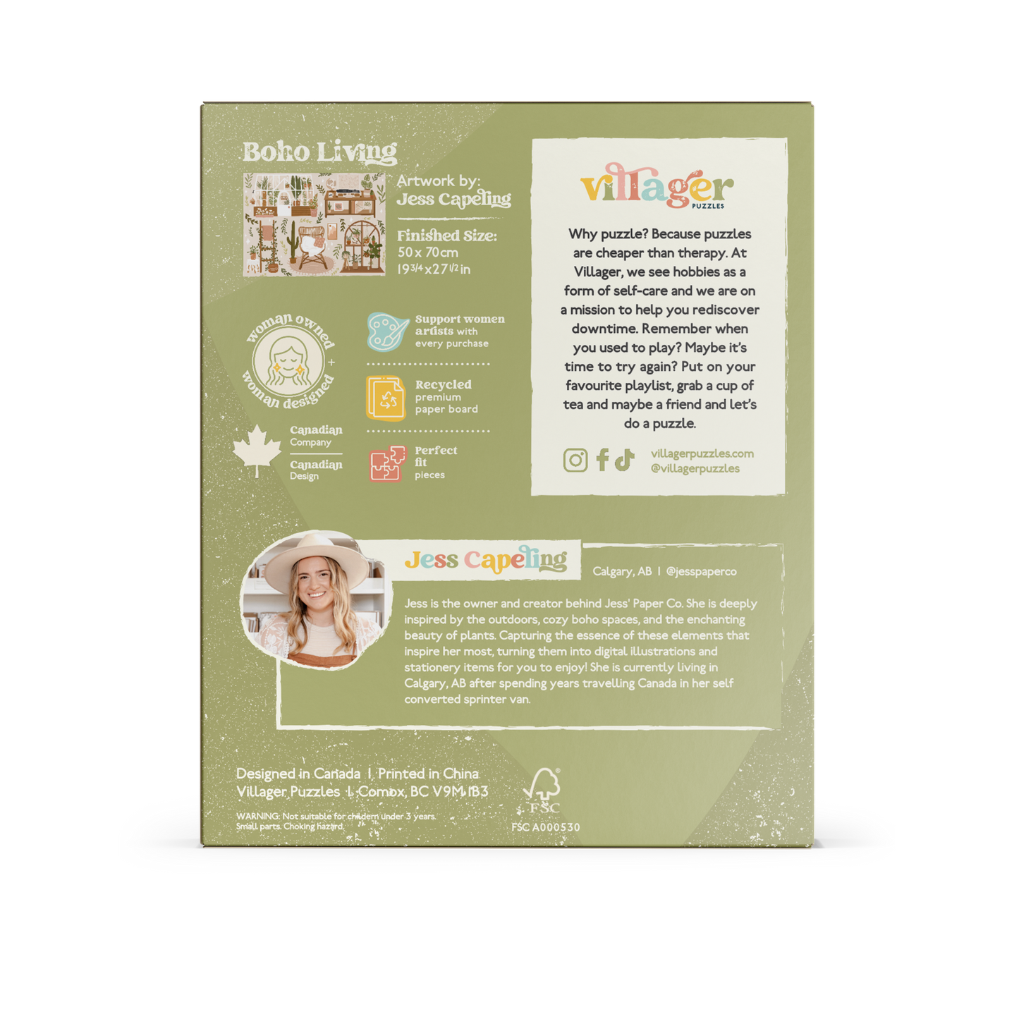 Back box image of Villager Puzzle | Boho Living featuring 1000 pieces and eco-friendly materials designed by Jess Capeling 