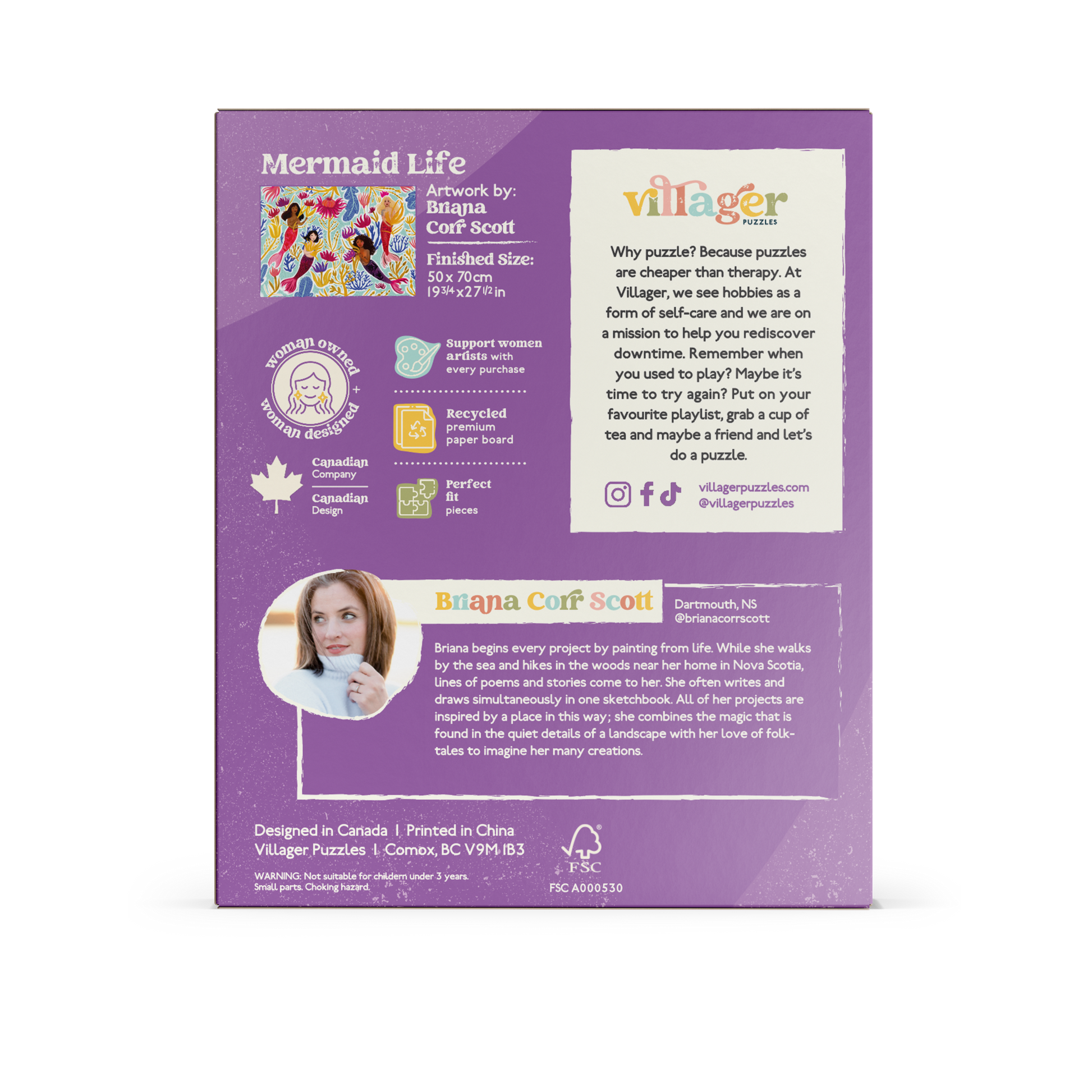 Back box image of Villager Puzzles | 1000-piece Mermaid Life puzzle, featured artist and company information