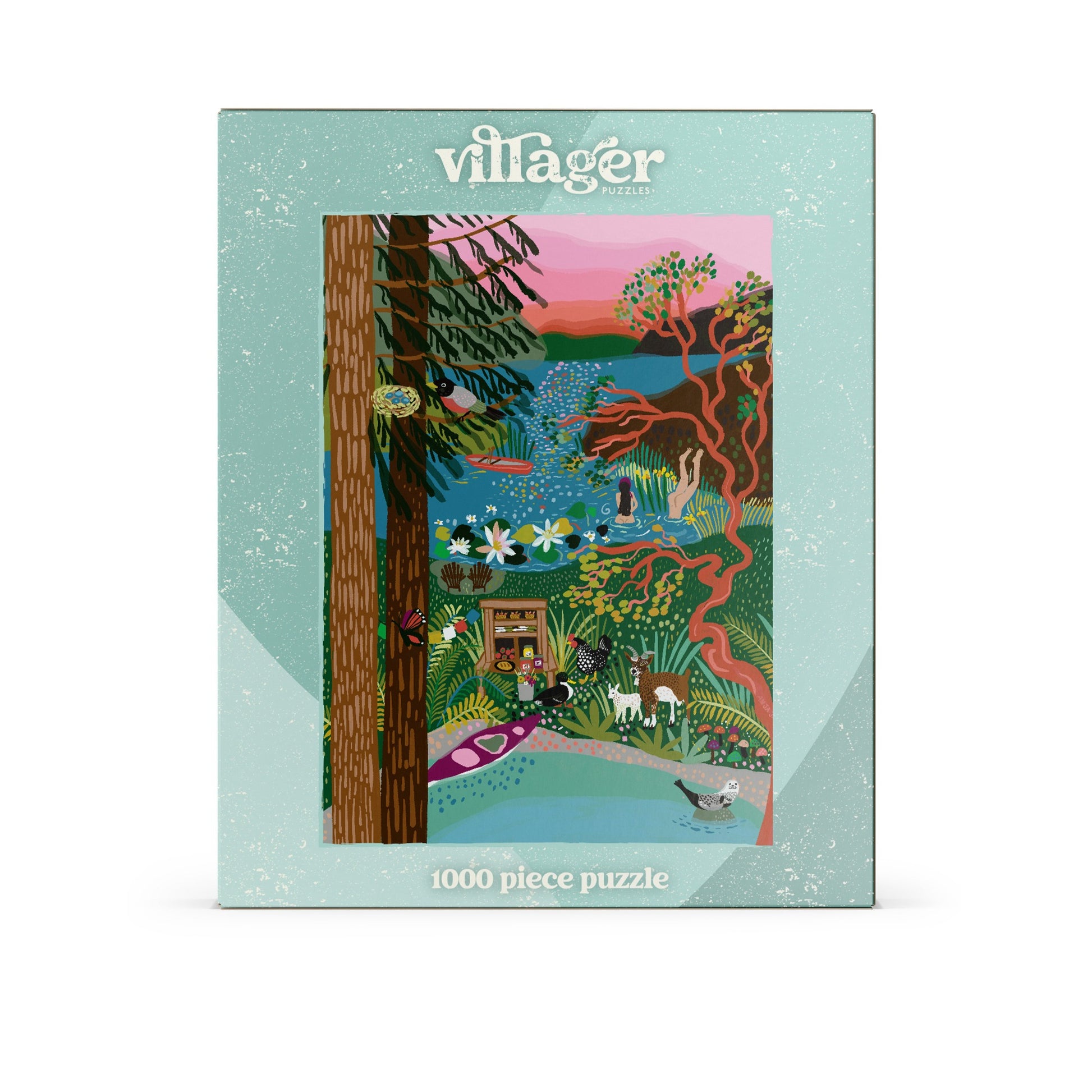 Front box image of Villager Puzzle | 1000-piece Salt Spring Island Swim jigsaw puzzle designed by Anja Jane